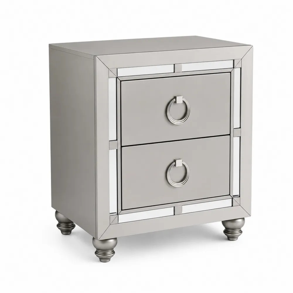Comodino Argento in Vetro e MDF con Due Cassetti