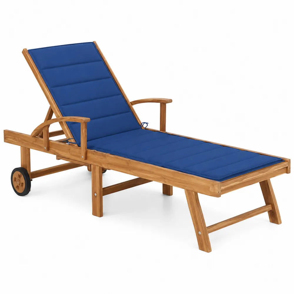 Lettino Prendisole in Legno di Acacia con Cuscino in Poliestere Blu