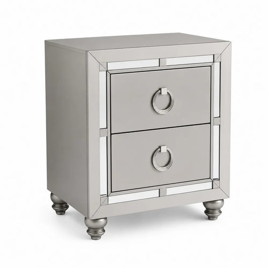 Comodino Argento in Vetro e MDF con Due Cassetti