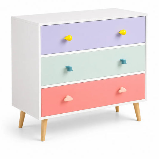 Cassettiera in Legno MDF con 3 Cassetti Colorati per Bambini