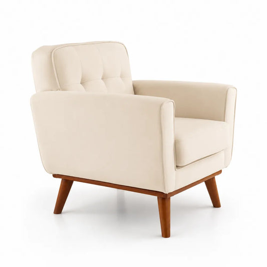 Poltrona in tessuto crema con gambe in legno