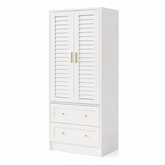 Armadio in MDF Bianco con Ante a Persiana e 2 Cassetti
