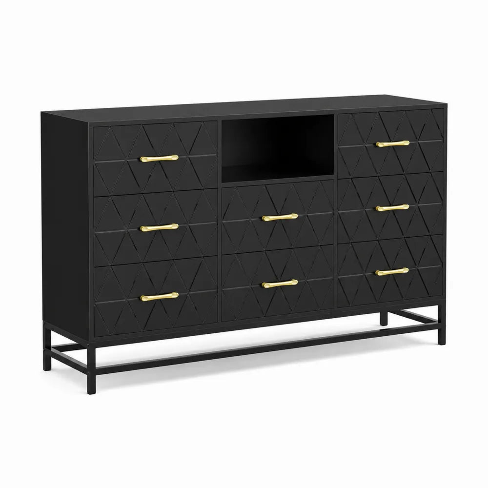 Cassettiera in MDF con maniglie di metallo nero e oro