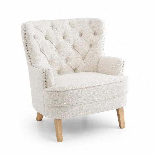 Poltrona in tessuto poliestere bianco crema con gambe in legno massello