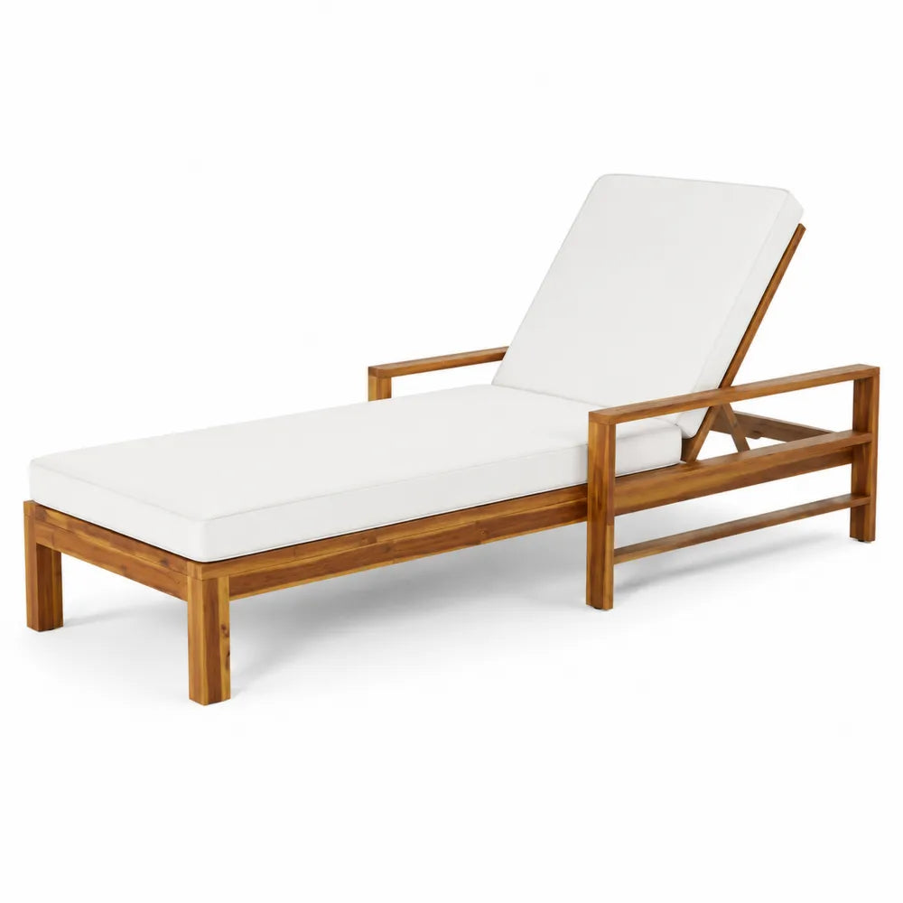 Lettino in legno di acacia con cuscino in poliestere bianco