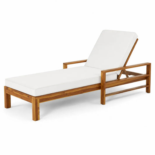 Lettino in legno di acacia con cuscino in poliestere bianco